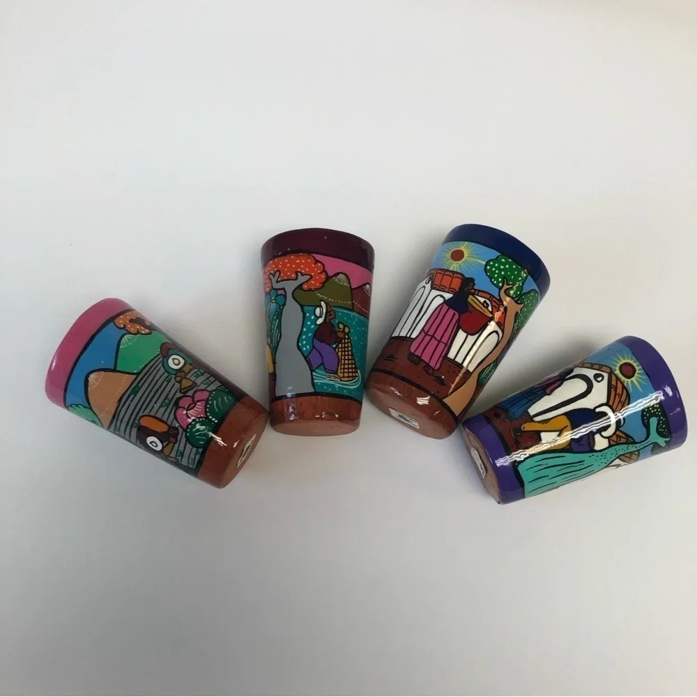 Set of 4/Tequila Shot Glass / NWT/ Hand Painted Colorful Mini Clay
